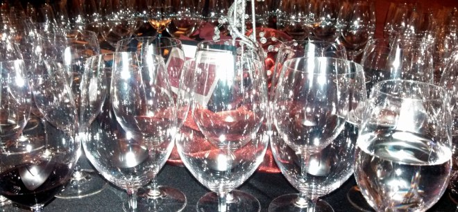 This is what a wine dinner table looks like when you're having a seven course meal with seven different wines...