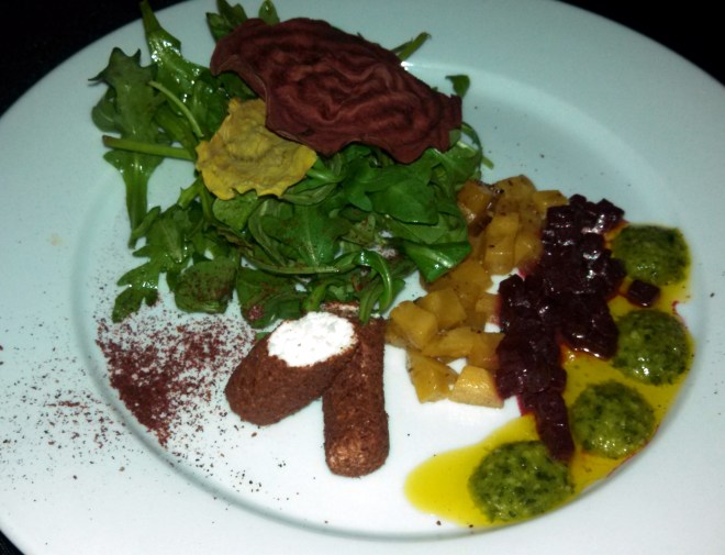 second course - Roasted beet tartare with goat cheese, sumac powers, beet chip, and arugula pesto. Paired with 2003 Onyx