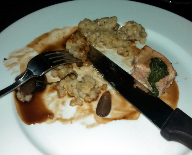 third course - pork with greens, red wine jus, and barley truffle risotto. Paired with 1999 and 2006 Onyx