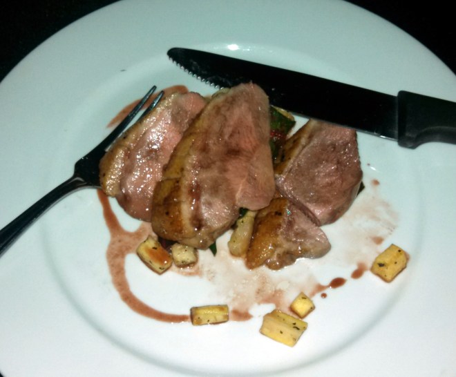 fifth course - Duck breast with roasted parsnips, dark cherry gastrique and braised Swiss chard. Paired with 2000 Onyx