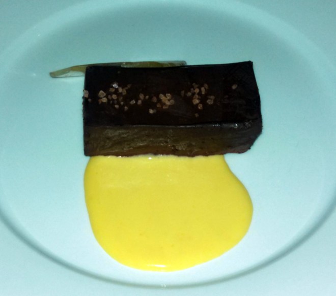 seventh course - Chocolate gateau with wildberry jam, Hawaiian sea salt, vanilla bean creme, and caramel glass. Paired with 2007 Onyx