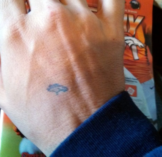 Here's my adorable Bronco hand-stamp that (along with my stamped ticket) got me into the indoor club area.