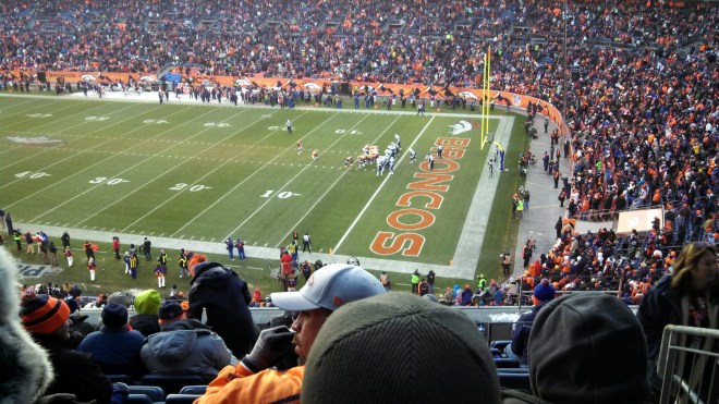 Denver lining up for an extra point after scoring a touchdown - this is the goalpost the record-setting field goal *just* cleared.